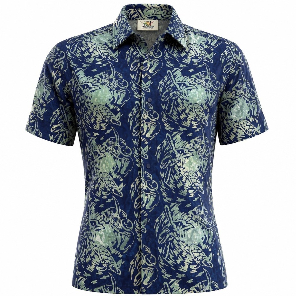 Rum Reggae Button Down Men Large Blue Sea Turtle Batik Woodcut Hawaiian Shirt